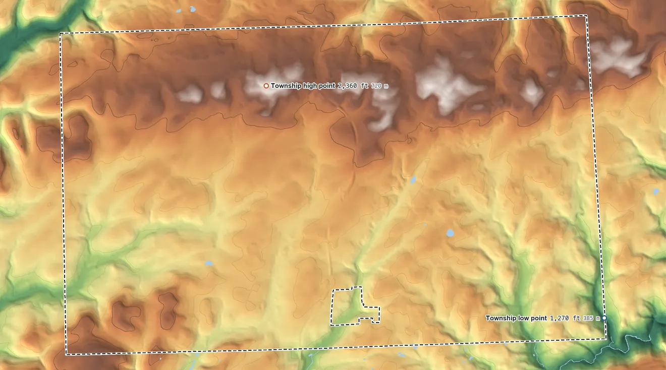 Topographic elevation map of Liberty Township, Tioga County, Pennsylvania, shaded from 1,270 ft on the east side to 2,360 ft on the northwest side