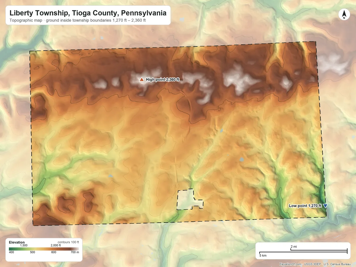 Topographic elevation map of Liberty Township, Tioga County, Pennsylvania, shaded from 1,270 ft on the east side to 2,360 ft on the northwest side