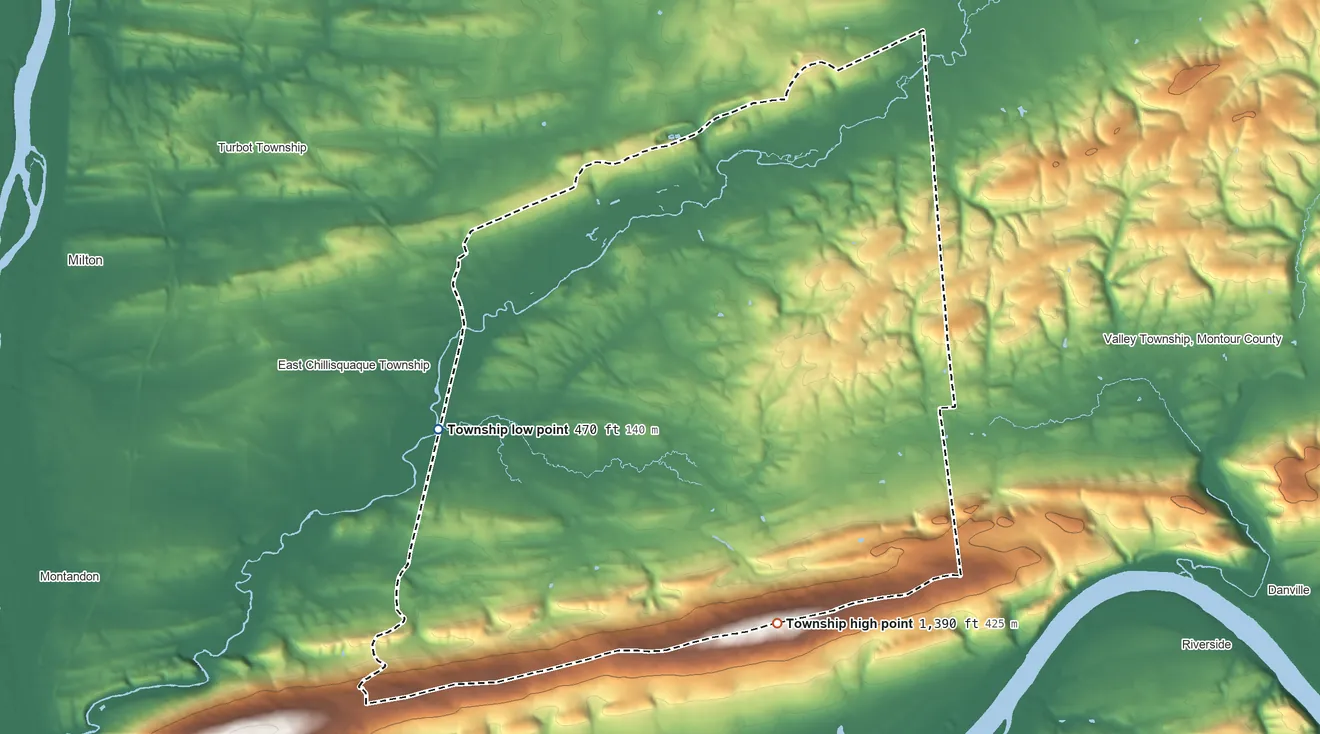 Topographic elevation map of Liberty Township, Pennsylvania, shaded from 470 ft on the west side to 1,390 ft on the south side
