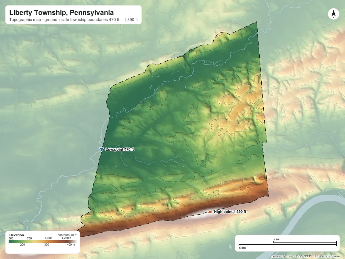 Topographic elevation map of Liberty Township, Pennsylvania, shaded from 470 ft on the west side to 1,390 ft on the south side