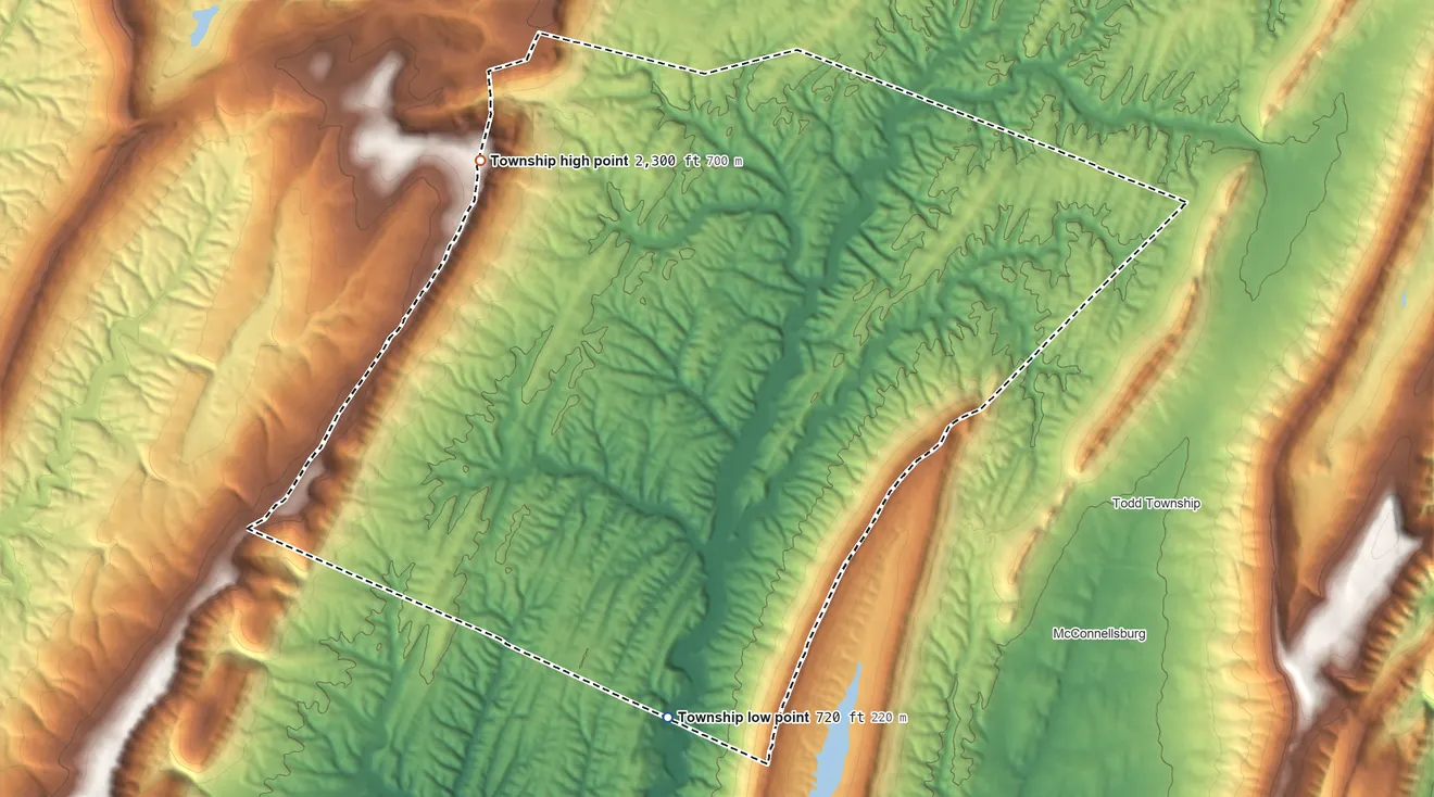 Topographic elevation map of Licking Creek Township, Pennsylvania, shaded from 720 ft on the south side to 2,300 ft on Fisher Point