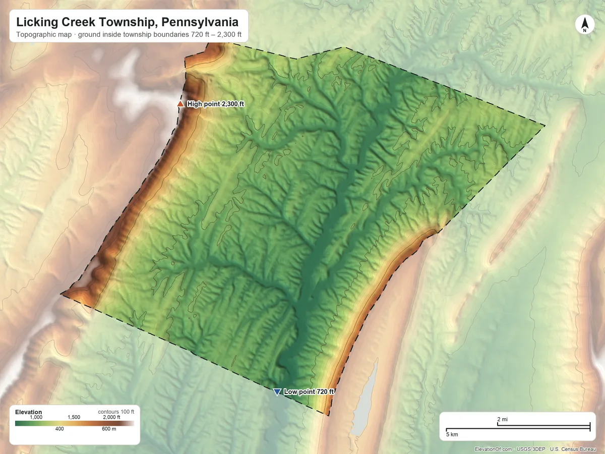 Topographic elevation map of Licking Creek Township, Pennsylvania, shaded from 720 ft on the south side to 2,300 ft on Fisher Point