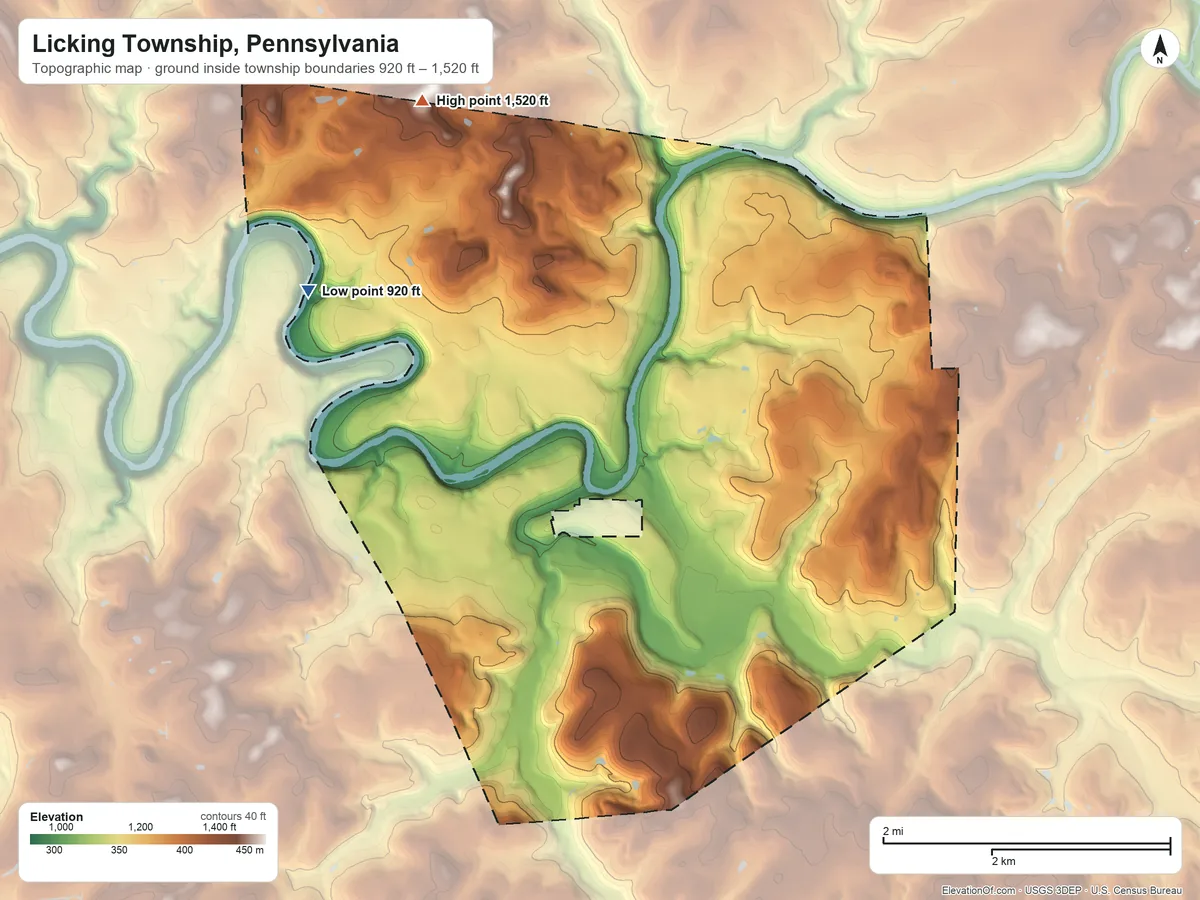 Topographic elevation map of Licking Township, Pennsylvania, shaded from 920 ft on the west side to 1,520 ft on the northwest side