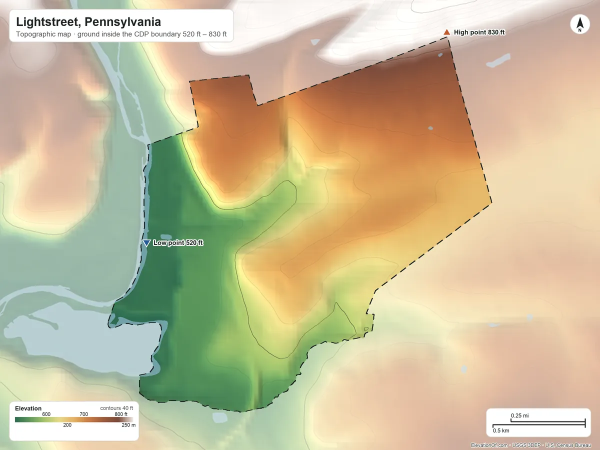 Topographic elevation map of Lightstreet, Pennsylvania, shaded from 520 ft on the west side to 830 ft on the northeast side