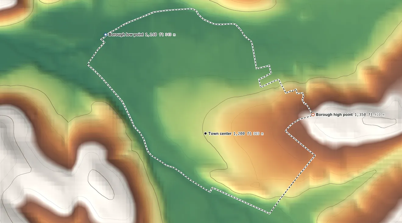 Topographic elevation map of Ligonier, Pennsylvania, shaded from 1,140 ft on the northwest side to 1,350 ft on the east side