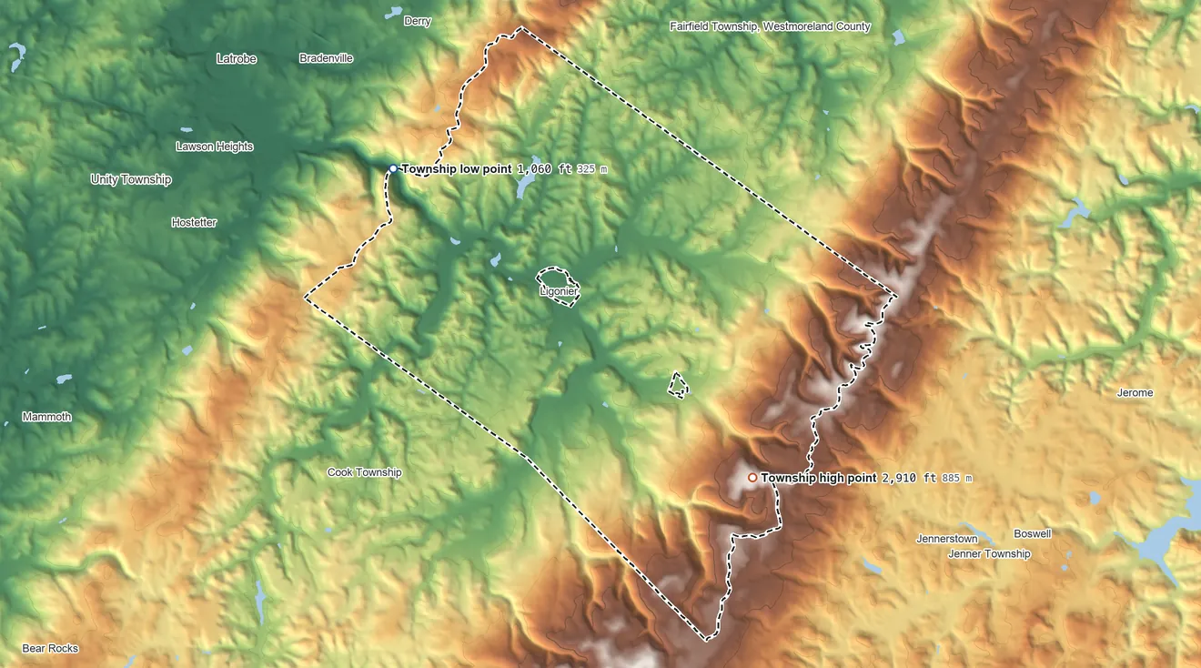 Topographic elevation map of Ligonier Township, Pennsylvania, shaded from 1,060 ft on the northwest side to 2,910 ft on Pea Vine Hill