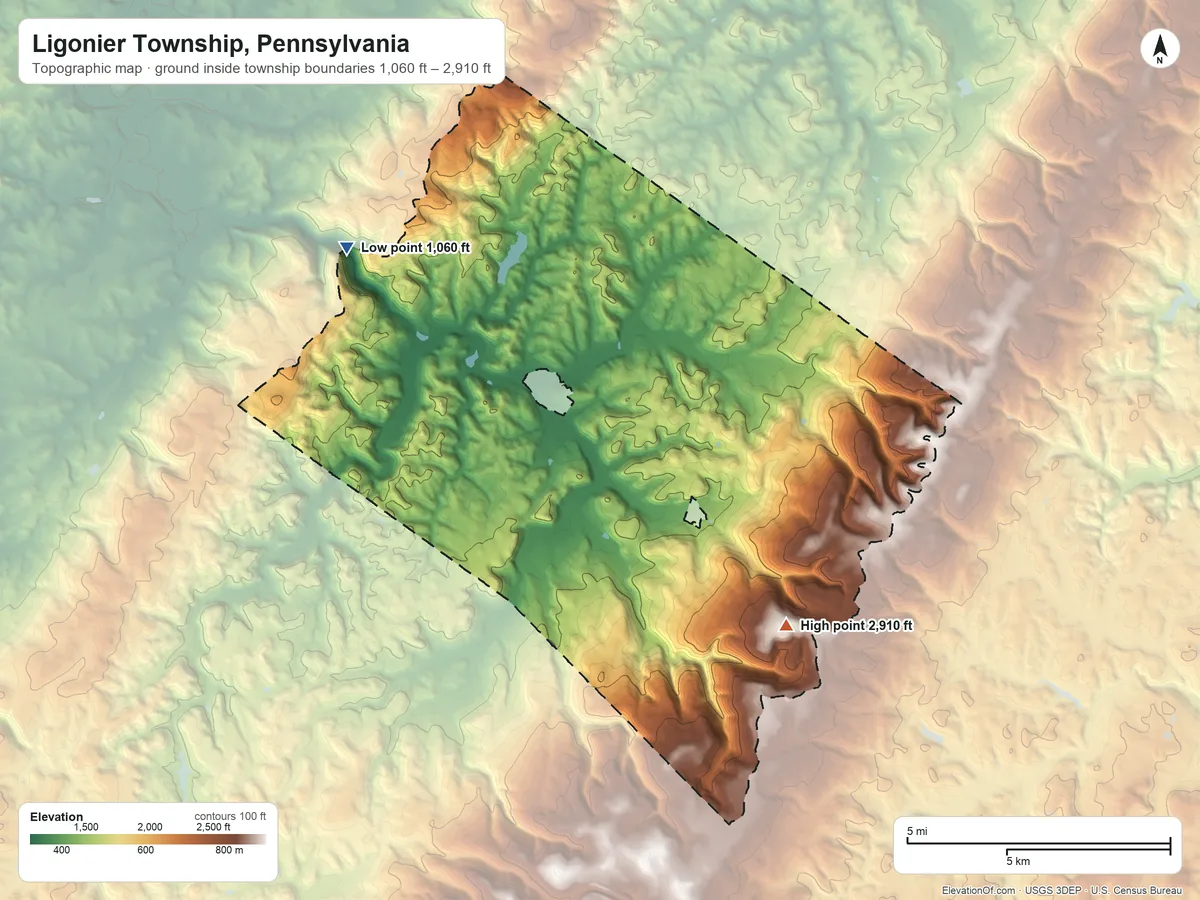 Topographic elevation map of Ligonier Township, Pennsylvania, shaded from 1,060 ft on the northwest side to 2,910 ft on Pea Vine Hill