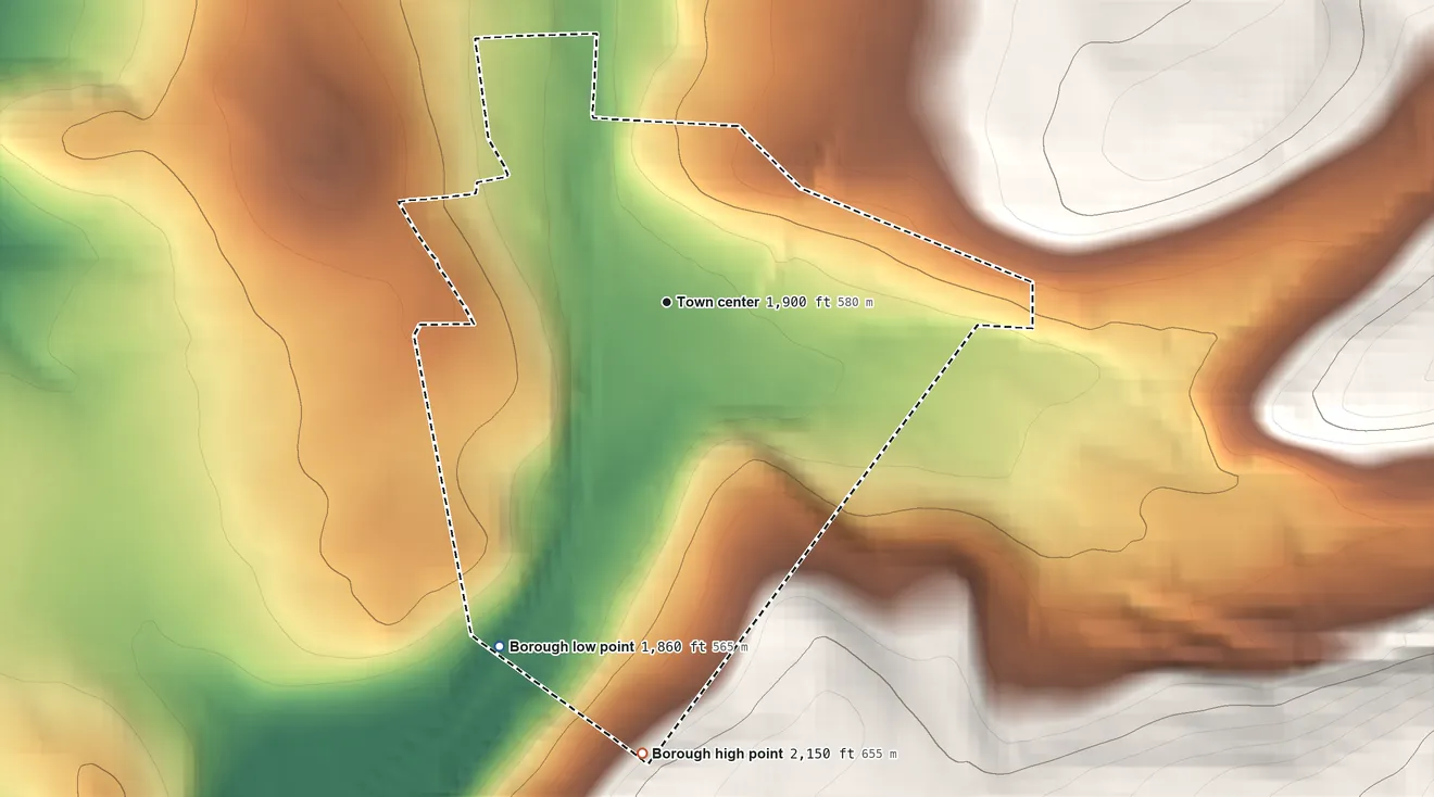 Topographic elevation map of Lilly, Pennsylvania, shaded from 1,860 ft on the southwest side to 2,150 ft on the south edge, below higher ground just outside