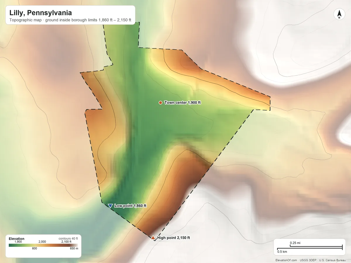 Topographic elevation map of Lilly, Pennsylvania, shaded from 1,860 ft on the southwest side to 2,150 ft on the south edge, below higher ground just outside