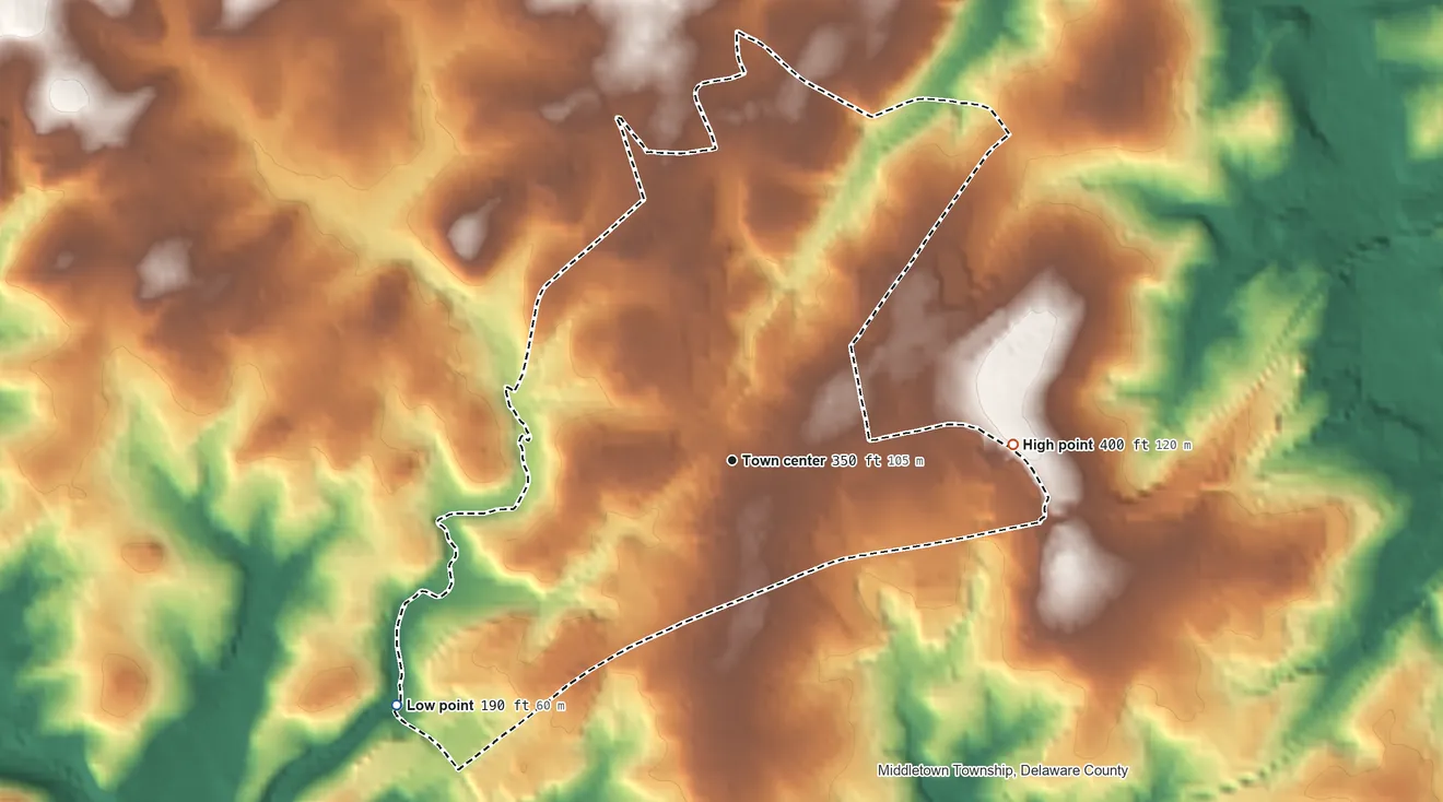 Topographic elevation map of Lima, Pennsylvania, shaded from 190 ft on the southwest side to 400 ft on the east side