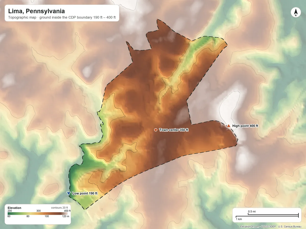 Topographic elevation map of Lima, Pennsylvania, shaded from 190 ft on the southwest side to 400 ft on the east side