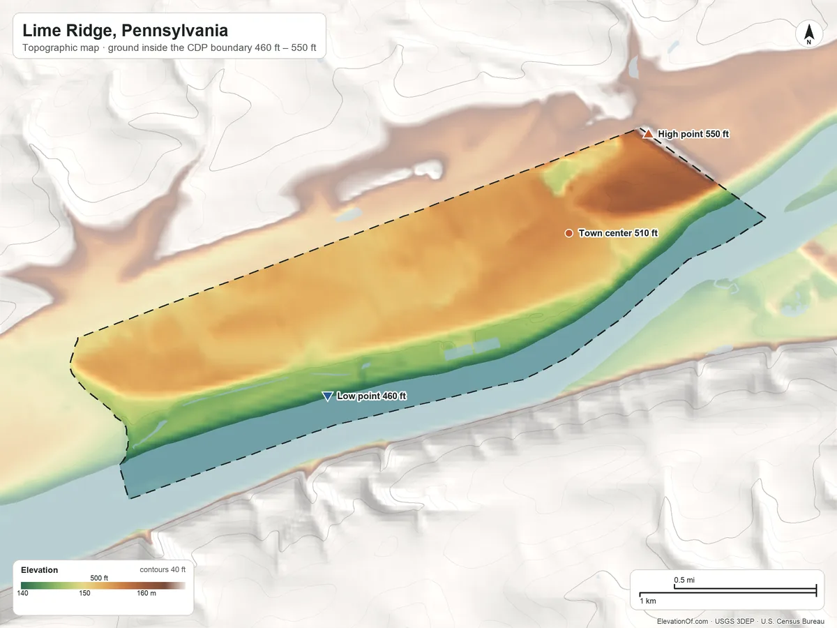 Topographic elevation map of Lime Ridge, Pennsylvania, shaded from 460 ft on the southwest side to 550 ft at the foot of the Little Mountain