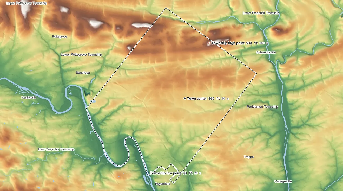 Topographic elevation map of Limerick Township, Pennsylvania, shaded from 93 ft on the southwest side to 530 ft on the northeast side
