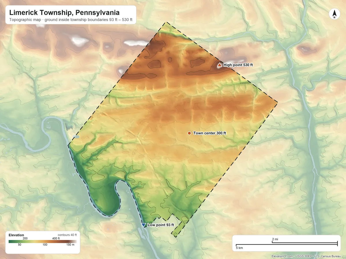 Topographic elevation map of Limerick Township, Pennsylvania, shaded from 93 ft on the southwest side to 530 ft on the northeast side