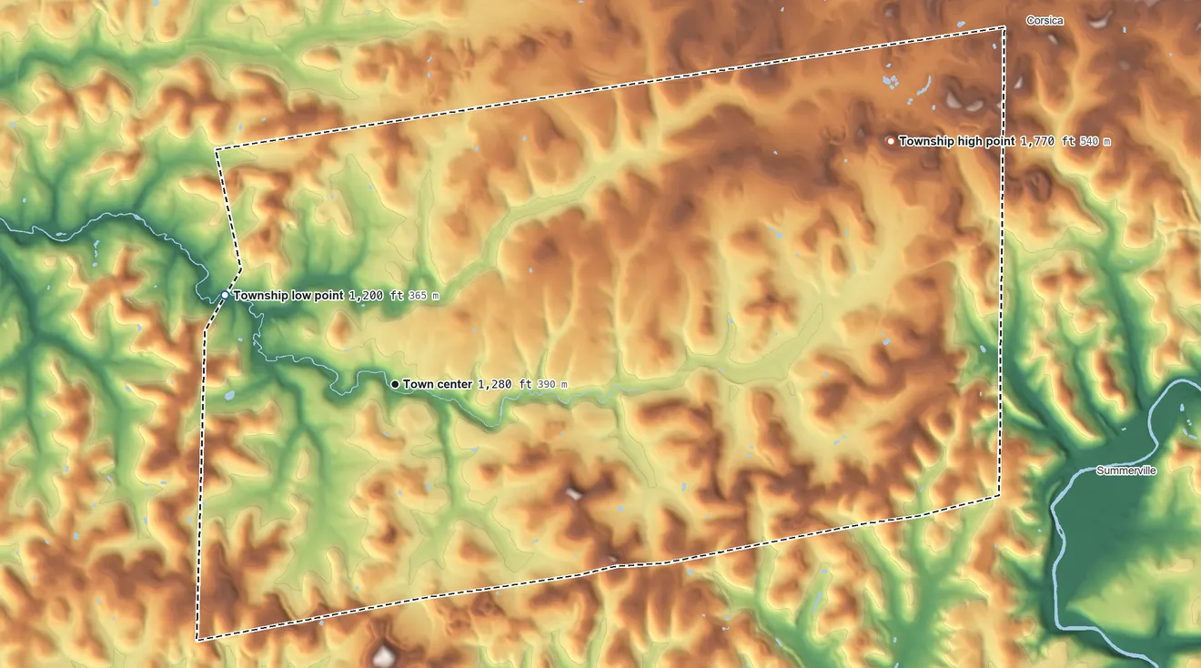 Topographic elevation map of Limestone Township, Clarion County, Pennsylvania, shaded from 1,200 ft on the northwest side to 1,770 ft on the northeast side