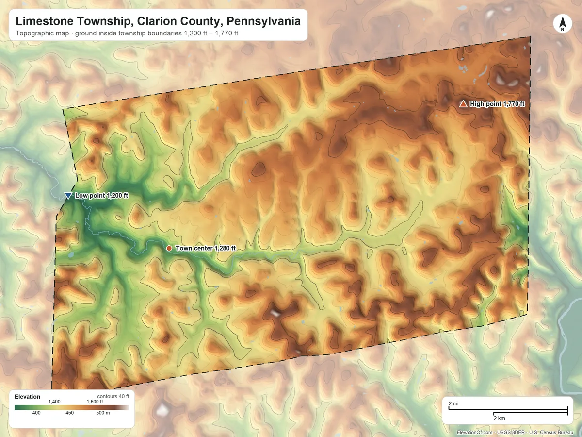 Topographic elevation map of Limestone Township, Clarion County, Pennsylvania, shaded from 1,200 ft on the northwest side to 1,770 ft on the northeast side