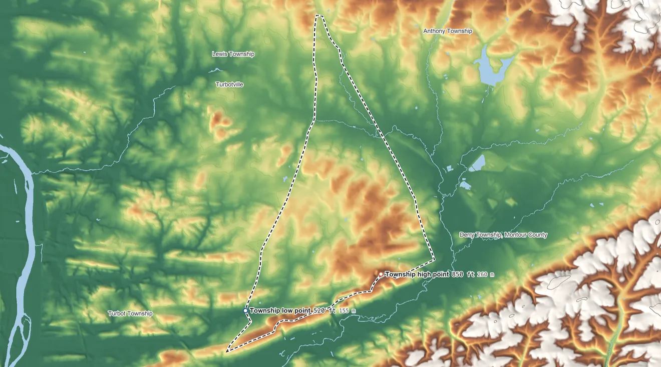 Topographic elevation map of Limestone Township, Montour County, Pennsylvania, shaded from 520 ft on the southwest side to 850 ft on the southeast side