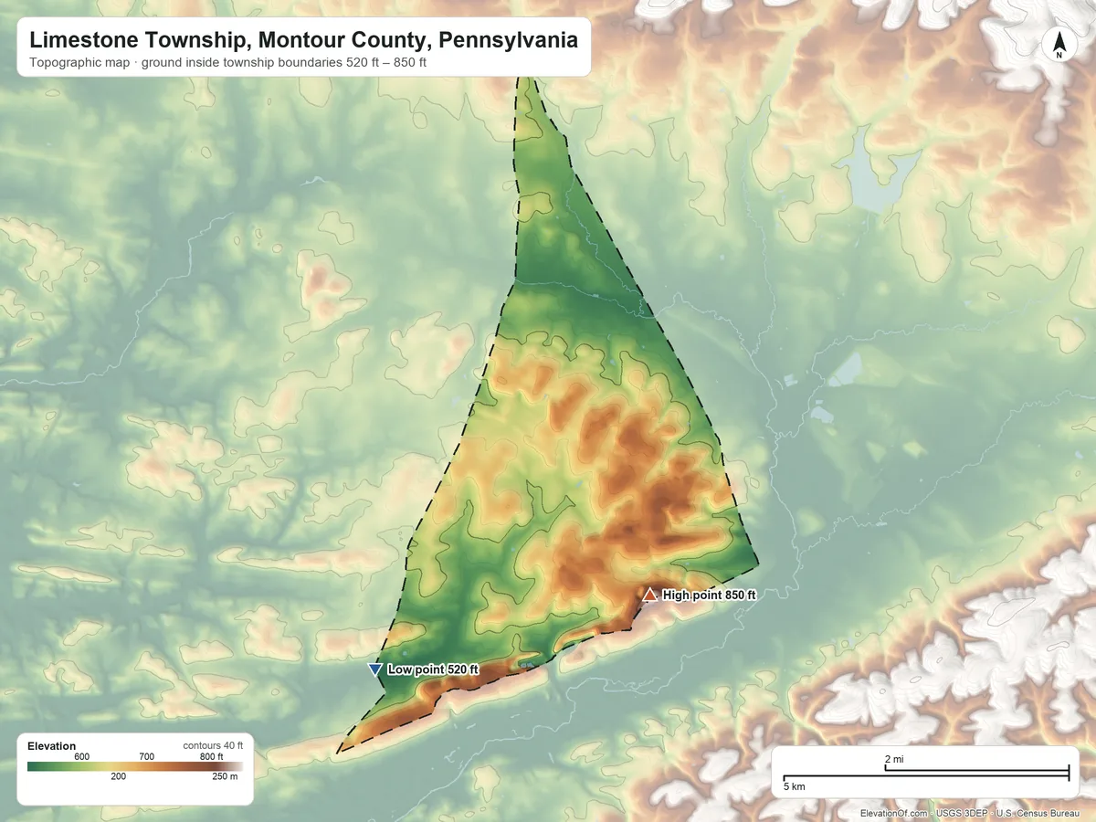 Topographic elevation map of Limestone Township, Montour County, Pennsylvania, shaded from 520 ft on the southwest side to 850 ft on the southeast side
