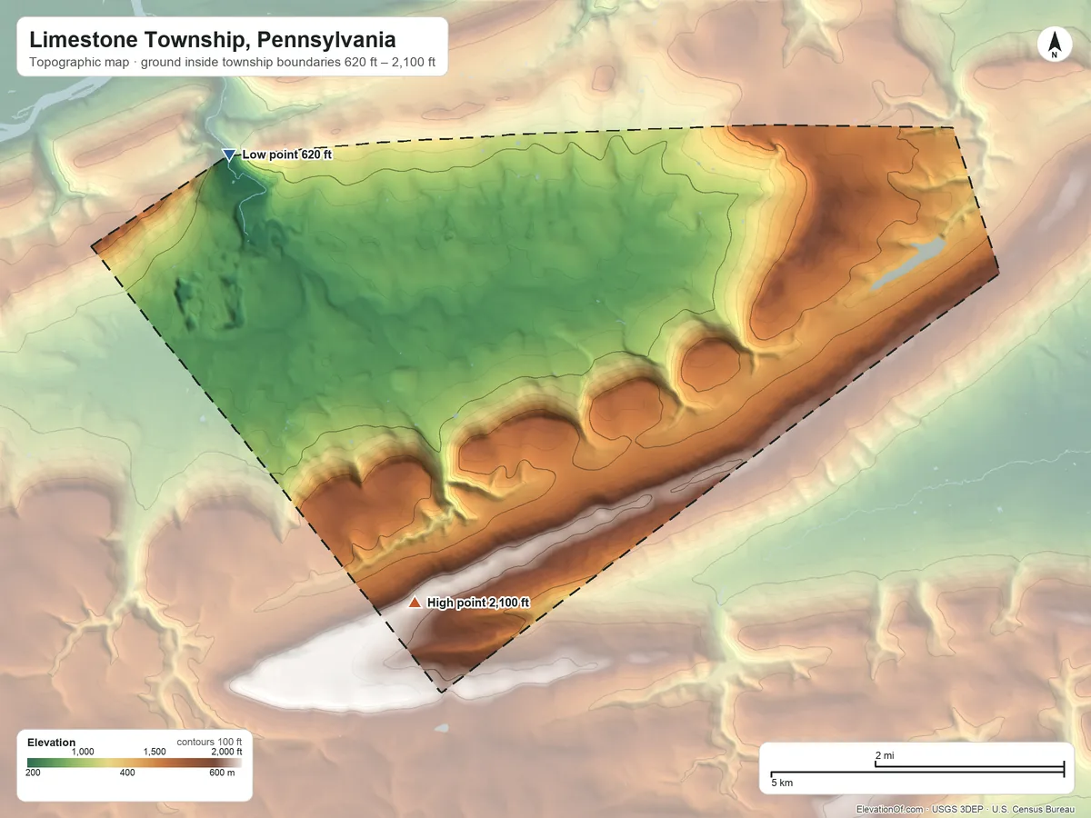 Topographic elevation map of Limestone Township, Pennsylvania, shaded from 620 ft on the northwest side to 2,100 ft on the south side