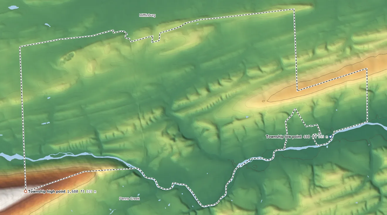 Topographic elevation map of Limestone Township, Union County, Pennsylvania, shaded from 480 ft on the east side to 1,680 ft on the southwest edge, below higher ground just outside