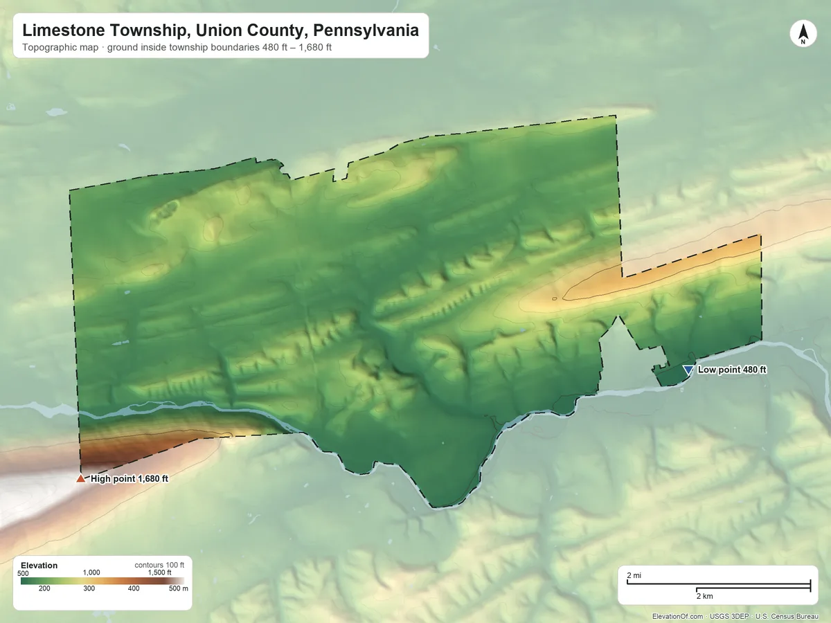 Topographic elevation map of Limestone Township, Union County, Pennsylvania, shaded from 480 ft on the east side to 1,680 ft on the southwest edge, below higher ground just outside