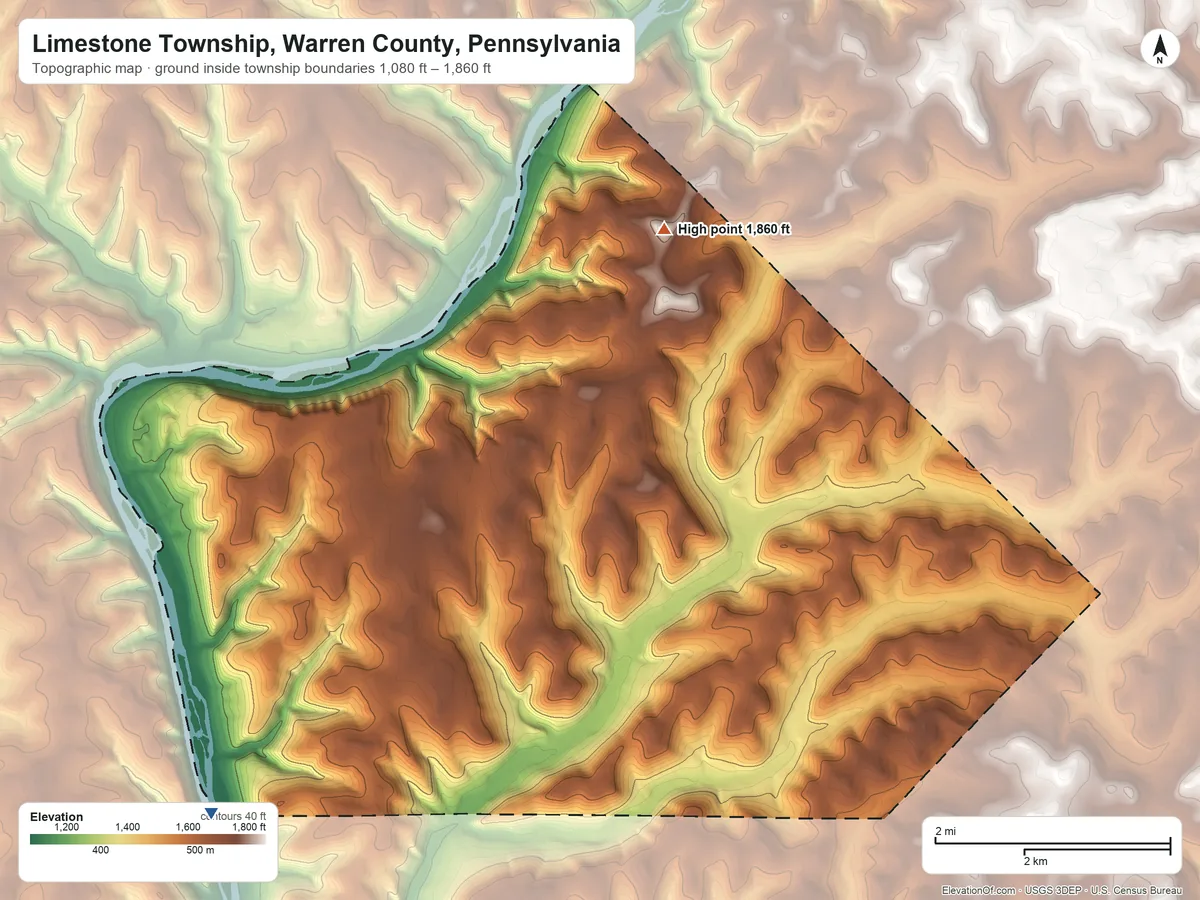 Topographic elevation map of Limestone Township, Warren County, Pennsylvania, shaded from 1,080 ft on the southwest side to 1,860 ft on the northeast side