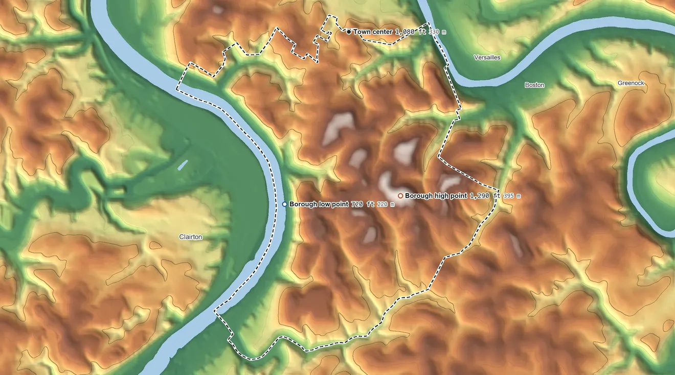 Topographic elevation map of Lincoln, Pennsylvania, shaded from 720 ft on the south side to 1,290 ft on the south side