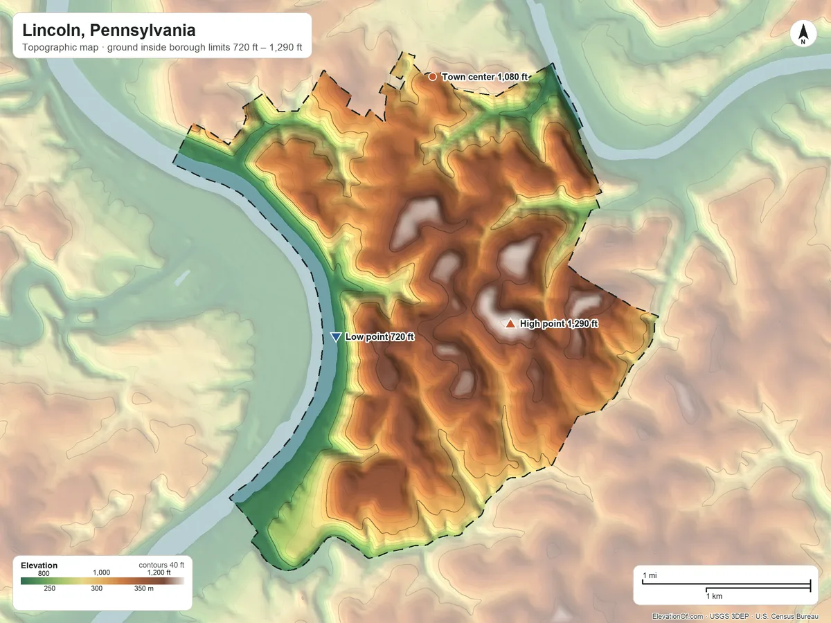 Topographic elevation map of Lincoln, Pennsylvania, shaded from 720 ft on the south side to 1,290 ft on the south side