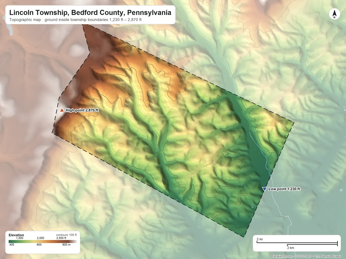 Topographic elevation map of Lincoln Township, Bedford County, Pennsylvania, shaded from 1,230 ft on the southeast side to 2,870 ft on the west side