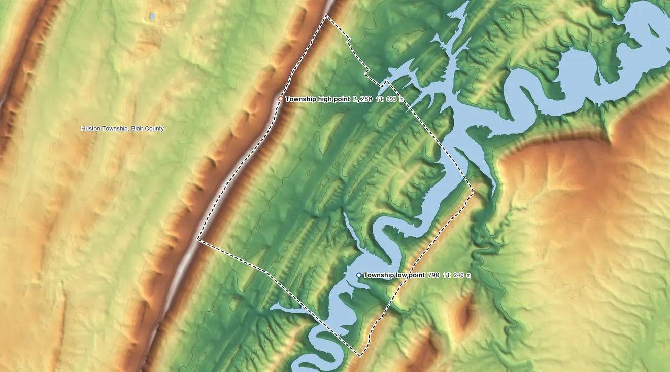 Topographic elevation map of Lincoln Township, Huntingdon County, Pennsylvania, shaded from 790 ft on the southeast side to 2,280 ft on the north side