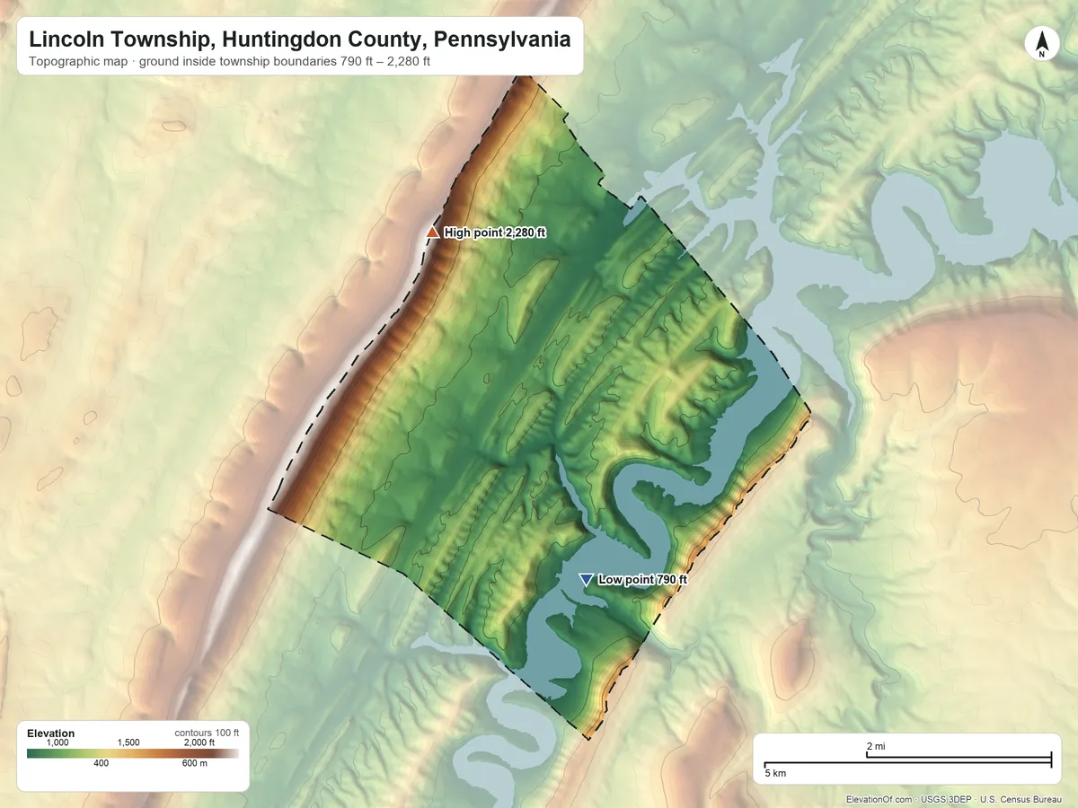 Topographic elevation map of Lincoln Township, Huntingdon County, Pennsylvania, shaded from 790 ft on the southeast side to 2,280 ft on the north side
