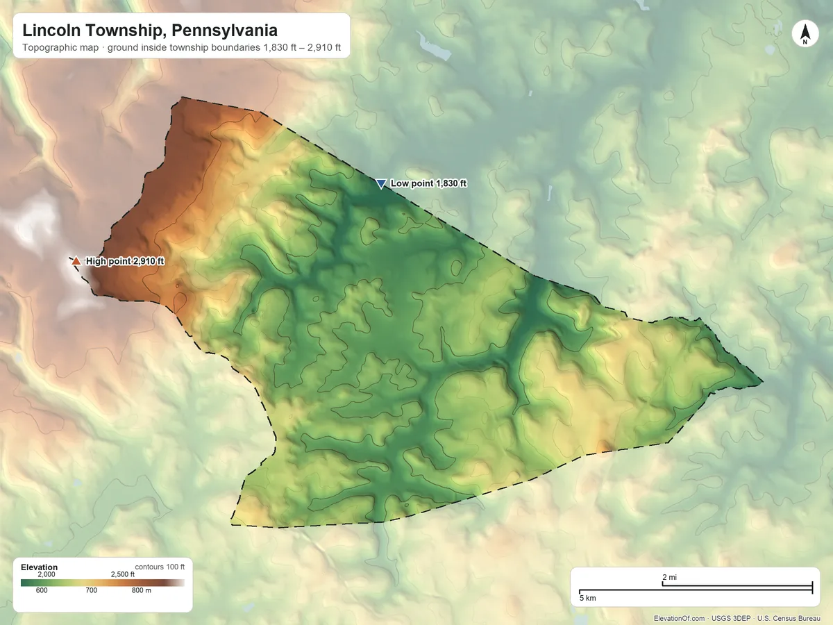 Topographic elevation map of Lincoln Township, Pennsylvania, shaded from 1,830 ft on the northwest side to 2,910 ft on the west side