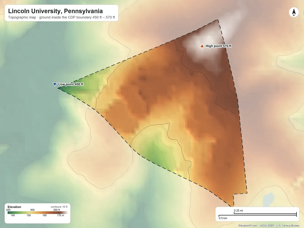 Topographic elevation map of Lincoln University, Pennsylvania, shaded from 450 ft on the west side to 570 ft on the northeast side