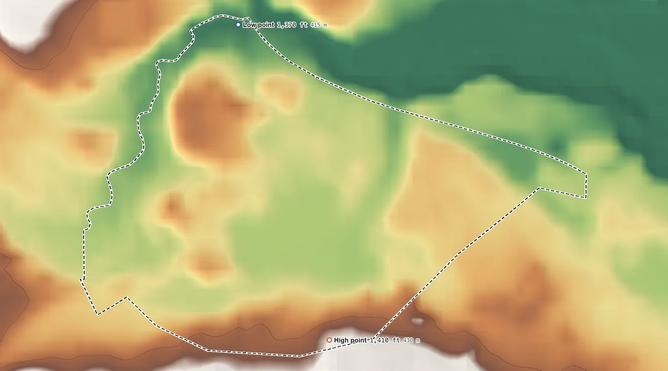 Topographic elevation map of Lincolnville, Pennsylvania, shaded from 1,370 ft on the northwest side to 1,410 ft on the south side