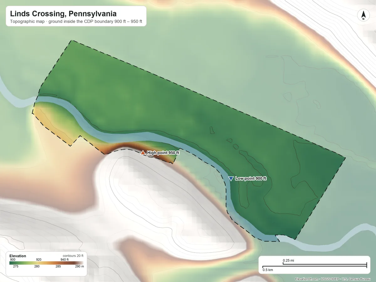 Topographic elevation map of Linds Crossing, Pennsylvania, shaded from 900 ft on the south side to 950 ft on the west edge, below higher ground just outside