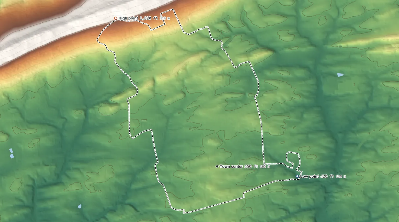 Topographic elevation map of Linglestown, Pennsylvania, shaded from 420 ft on the east side to 1,020 ft on the northwest side