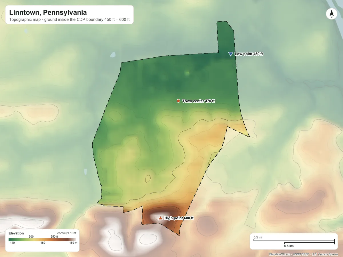 Topographic elevation map of Linntown, Pennsylvania, shaded from 450 ft on the northeast side to 600 ft on the south side