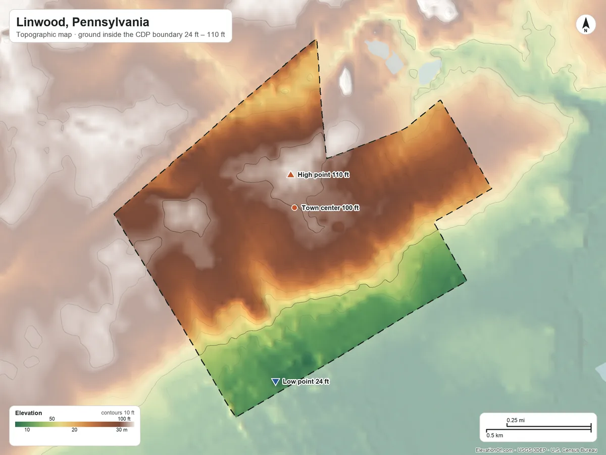 Topographic elevation map of Linwood, Pennsylvania, shaded from 24 ft on the south side to 110 ft near the middle