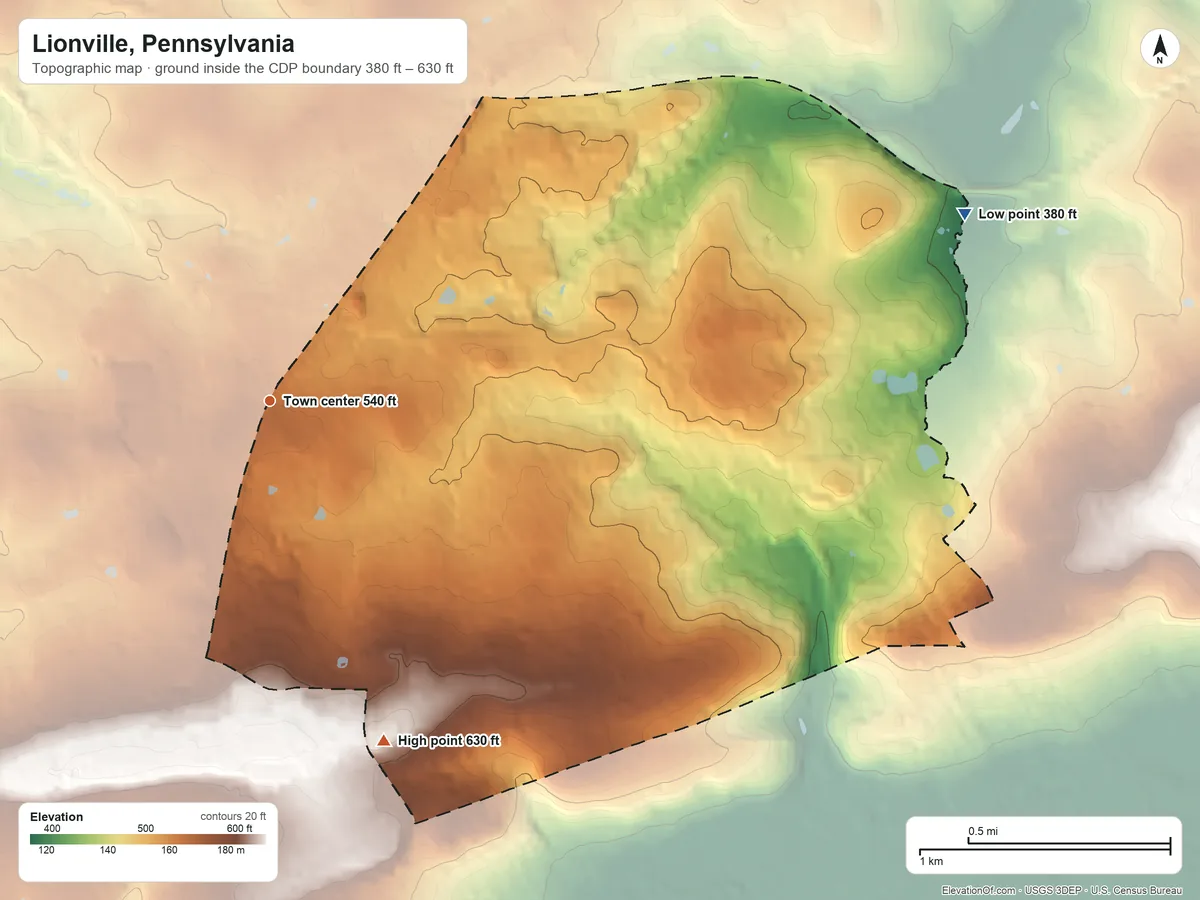 Topographic elevation map of Lionville, Pennsylvania, shaded from 380 ft on the east side to 630 ft on the south side