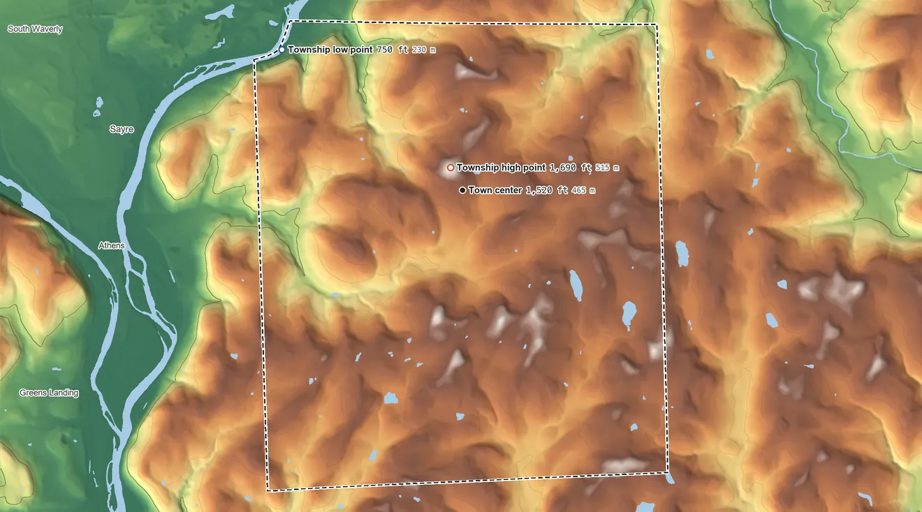 Topographic elevation map of Litchfield Township, Pennsylvania, shaded from 750 ft on the northwest side to 1,690 ft near the middle