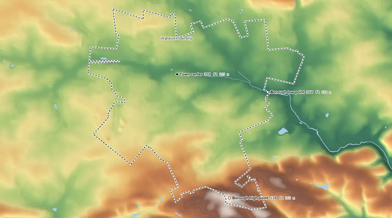 Topographic elevation map of Lititz, Pennsylvania, shaded from 360 ft on the east side to 530 ft on the southeast side
