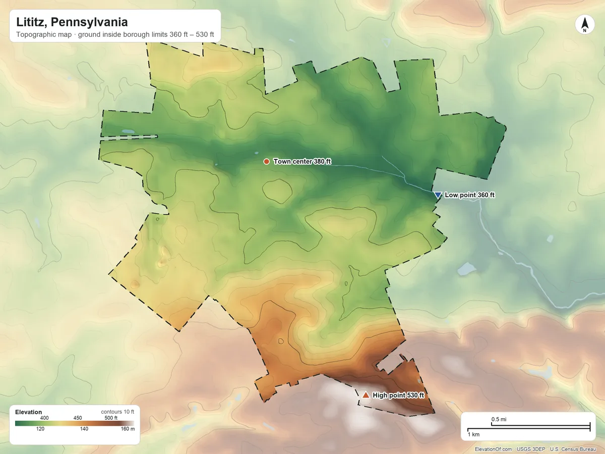 Topographic elevation map of Lititz, Pennsylvania, shaded from 360 ft on the east side to 530 ft on the southeast side