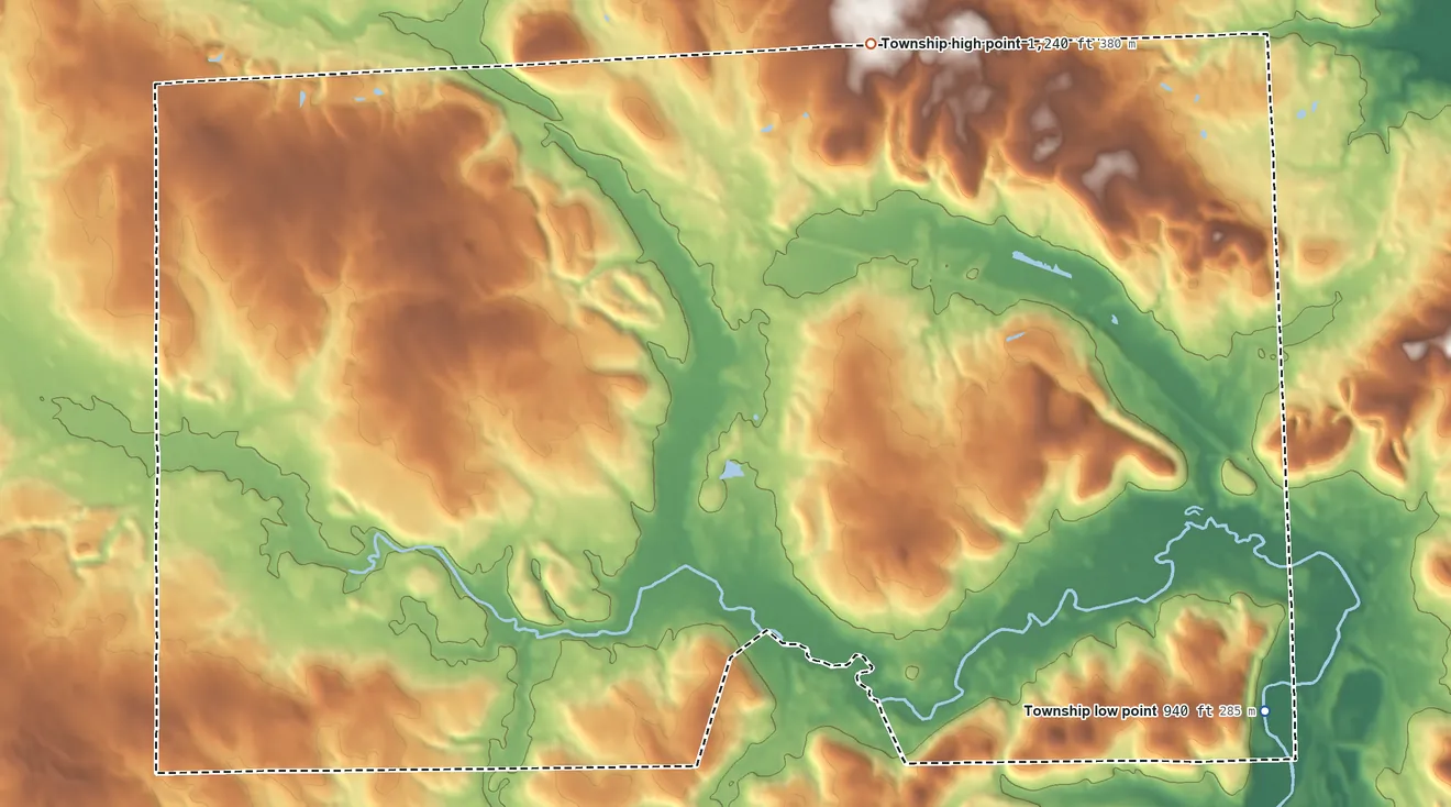 Topographic elevation map of Little Beaver Township, Pennsylvania, shaded from 940 ft on the southeast side to 1,240 ft on the north side