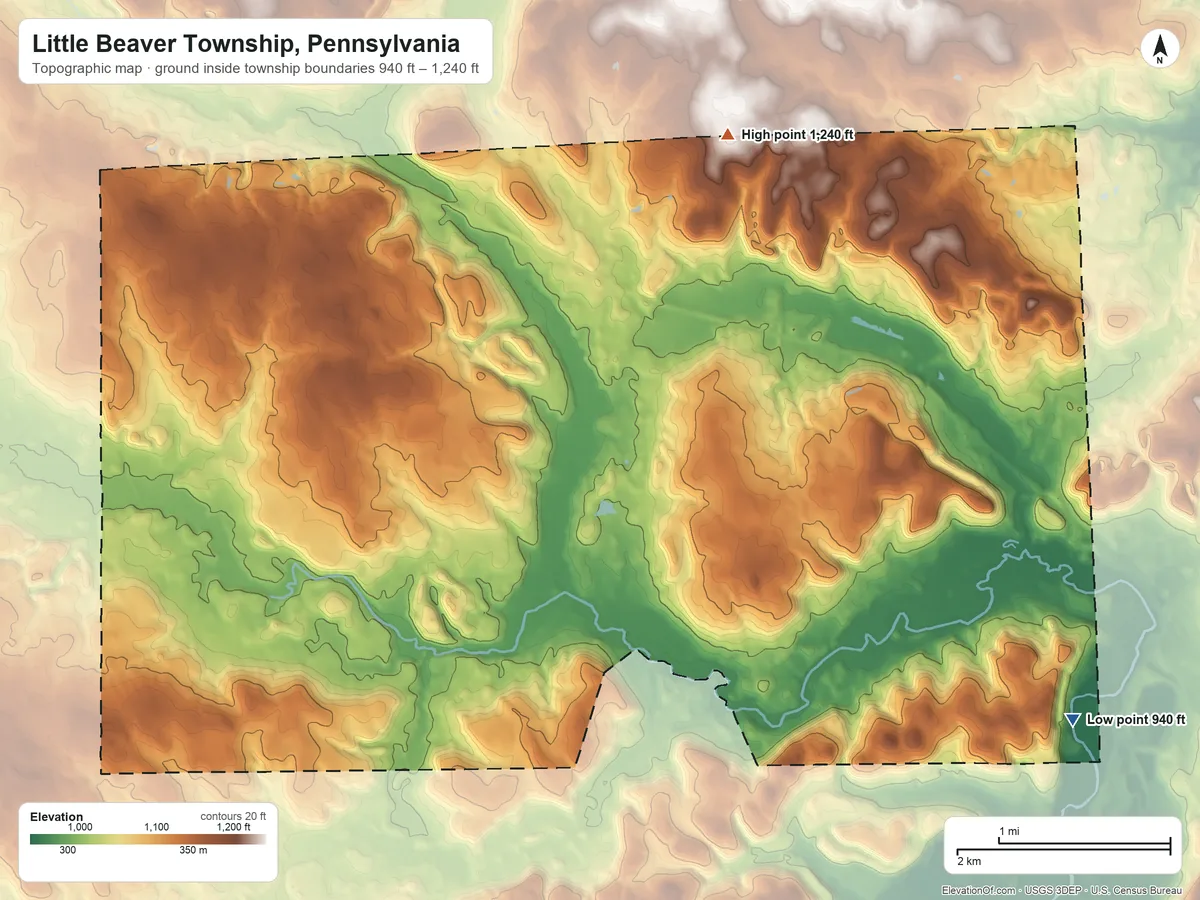 Topographic elevation map of Little Beaver Township, Pennsylvania, shaded from 940 ft on the southeast side to 1,240 ft on the north side