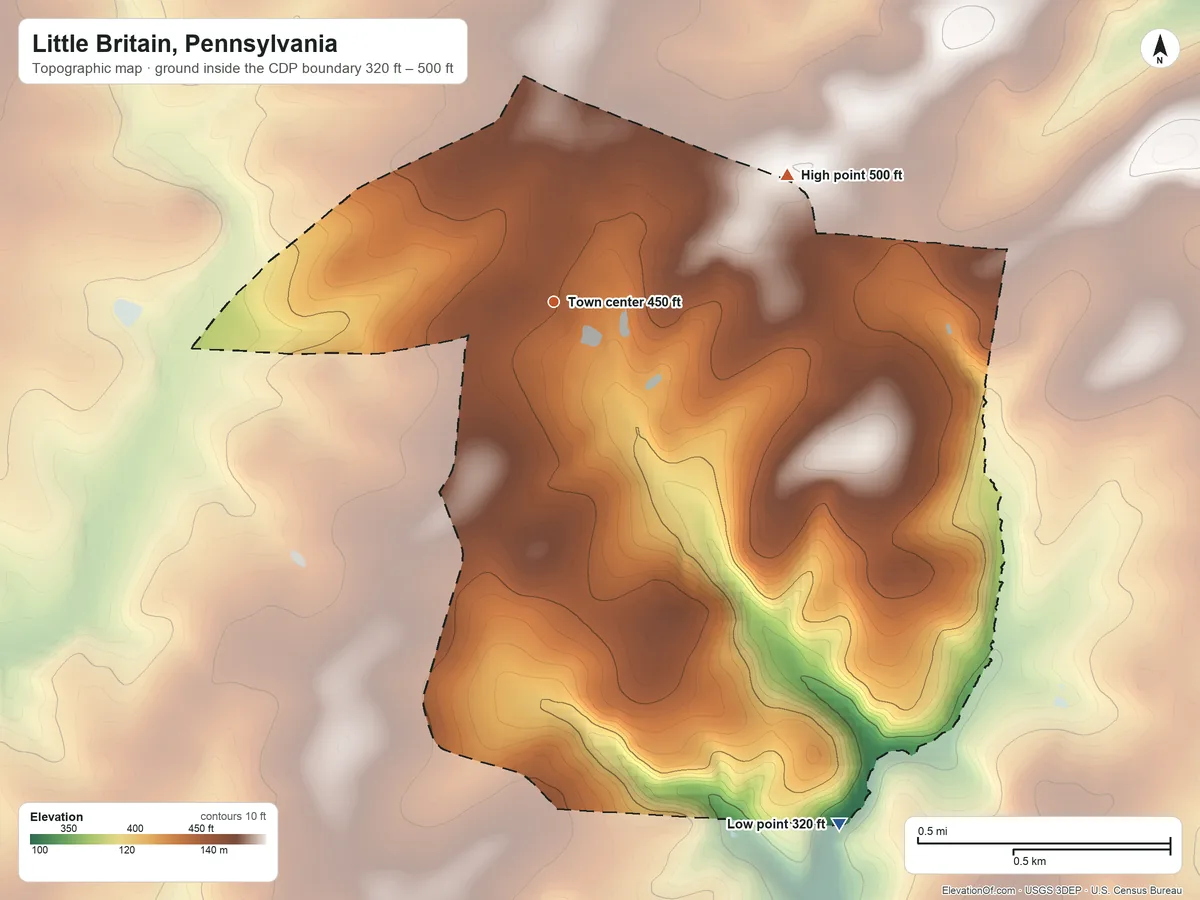 Topographic elevation map of Little Britain, Pennsylvania, shaded from 320 ft on the southeast side to 500 ft on the northeast side