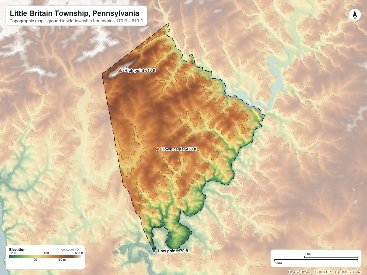 Topographic elevation map of Little Britain Township, Pennsylvania, shaded from 170 ft on the south side to 610 ft on the northwest side