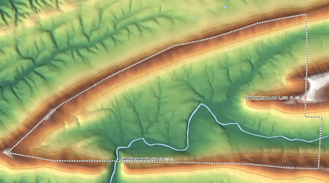 Topographic elevation map of Little Mahanoy Township, Pennsylvania, shaded from 480 ft on the southwest side to 1,560 ft on the east side