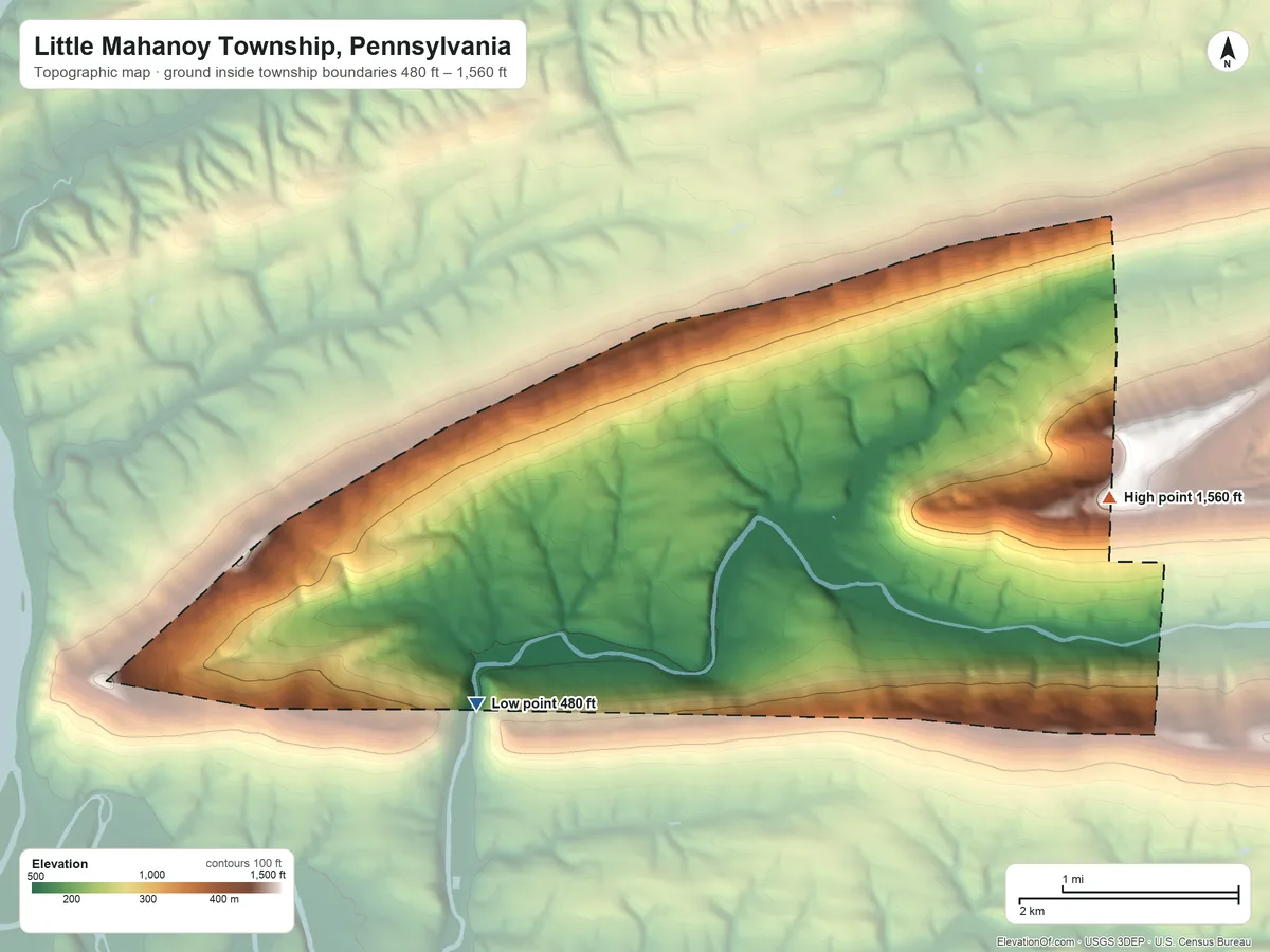 Topographic elevation map of Little Mahanoy Township, Pennsylvania, shaded from 480 ft on the southwest side to 1,560 ft on the east side