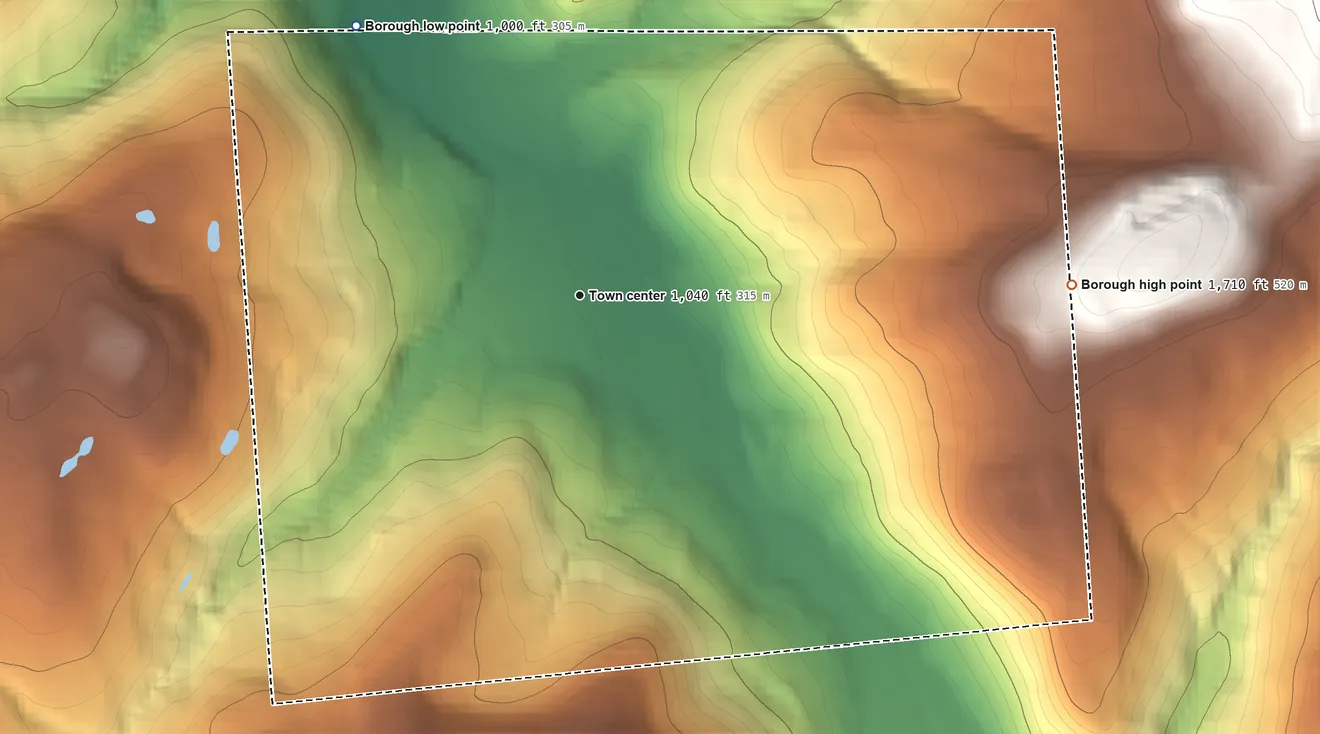 Topographic elevation map of Little Meadows, Pennsylvania, shaded from 1,000 ft on the northwest side to 1,710 ft on the east side