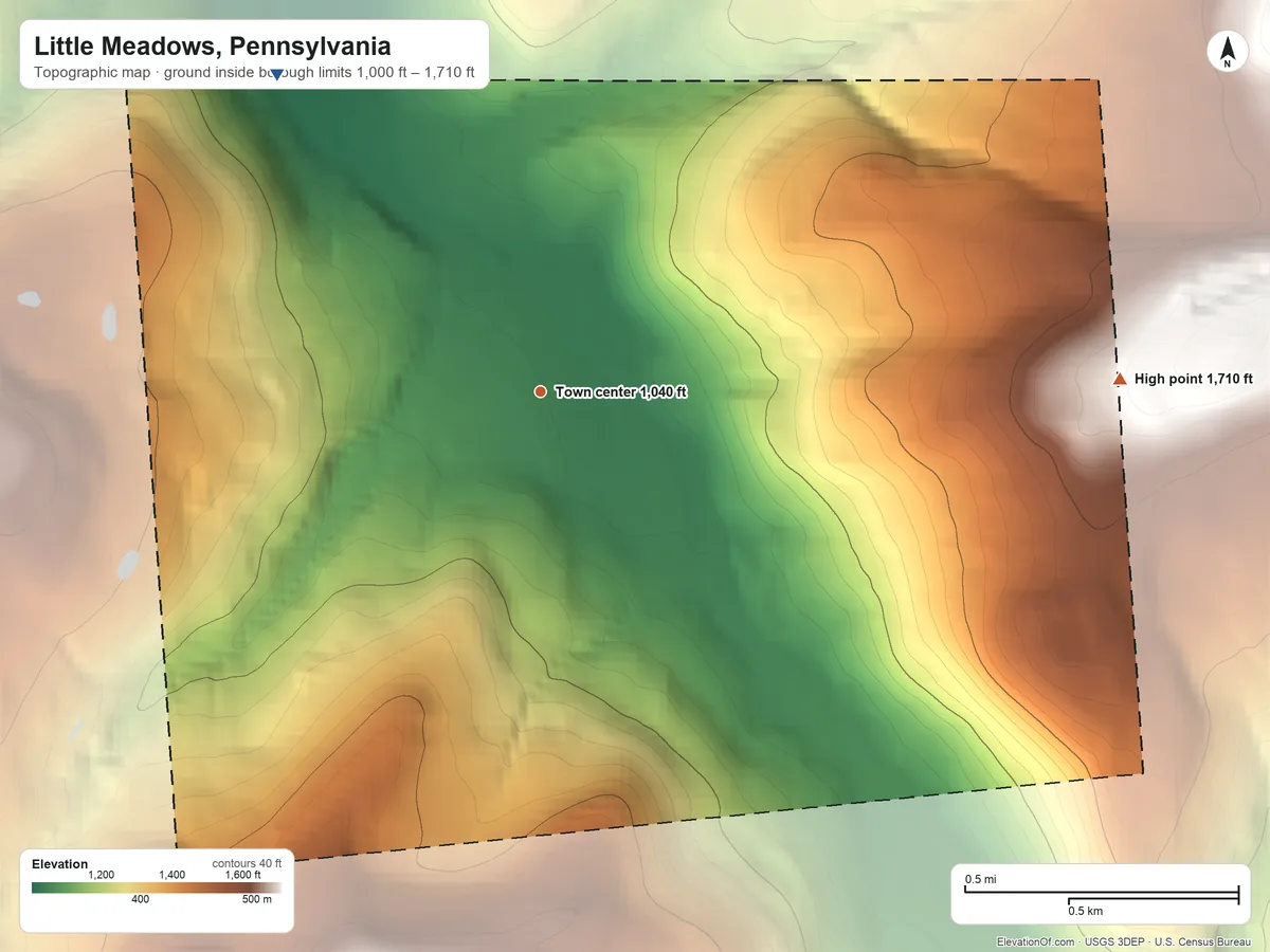 Topographic elevation map of Little Meadows, Pennsylvania, shaded from 1,000 ft on the northwest side to 1,710 ft on the east side